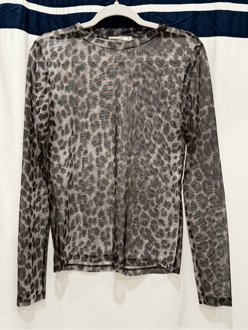 MNG Mango Sheer Mesh Animal Print Long Sleeve Top Blue Gray Size M